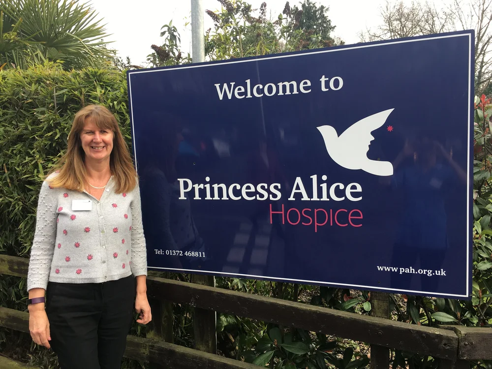 Kathy Birch standing outside Princess Alice Hospice